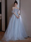 Light Blue Tulle Off Shoulder Beaded Party Dress, A-Line Tulle Blue Formal Dress Prom Dress