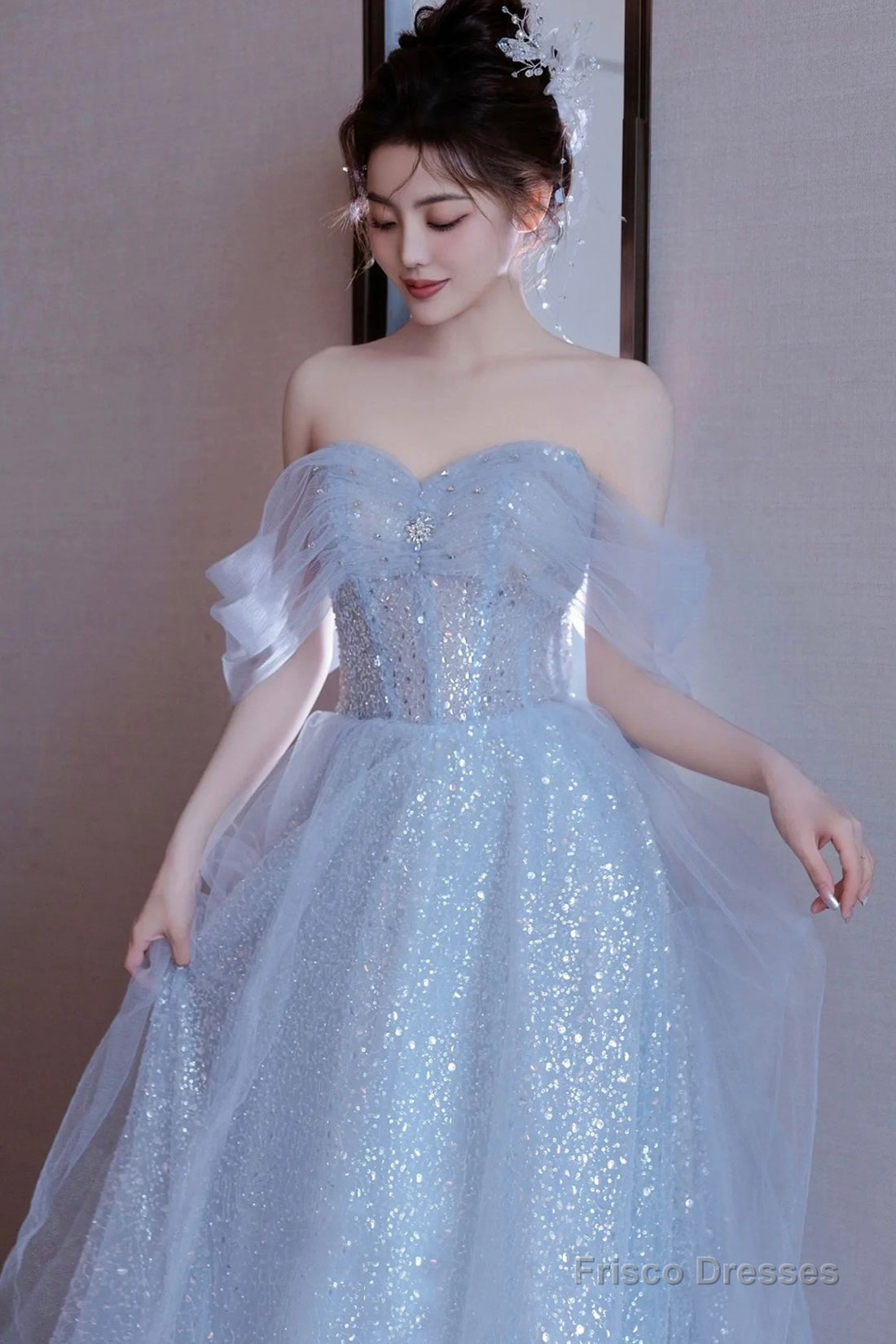 Light Blue Tulle Off Shoulder Party Dress, A-Line Sequins Blue Formal Dress Prom Dress Secondary image
