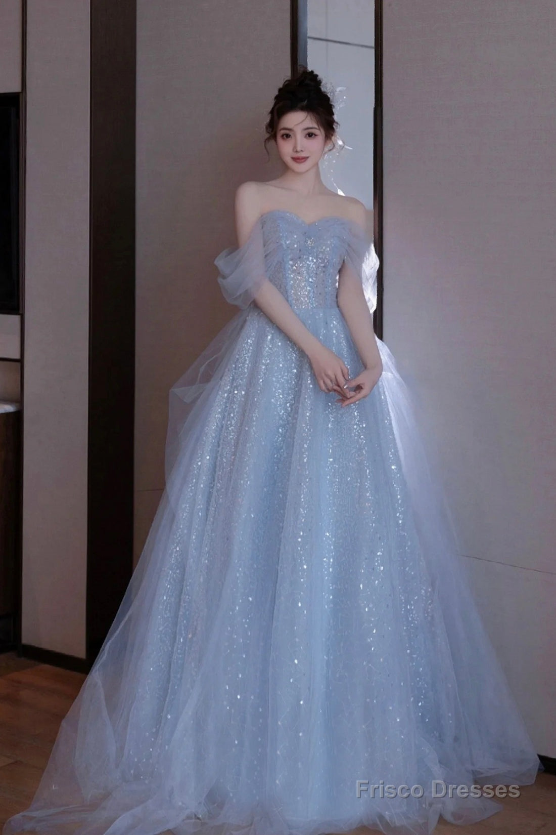 Light Blue Tulle Off Shoulder Party Dress, A-Line Sequins Blue Formal Dress Prom Dress Main image