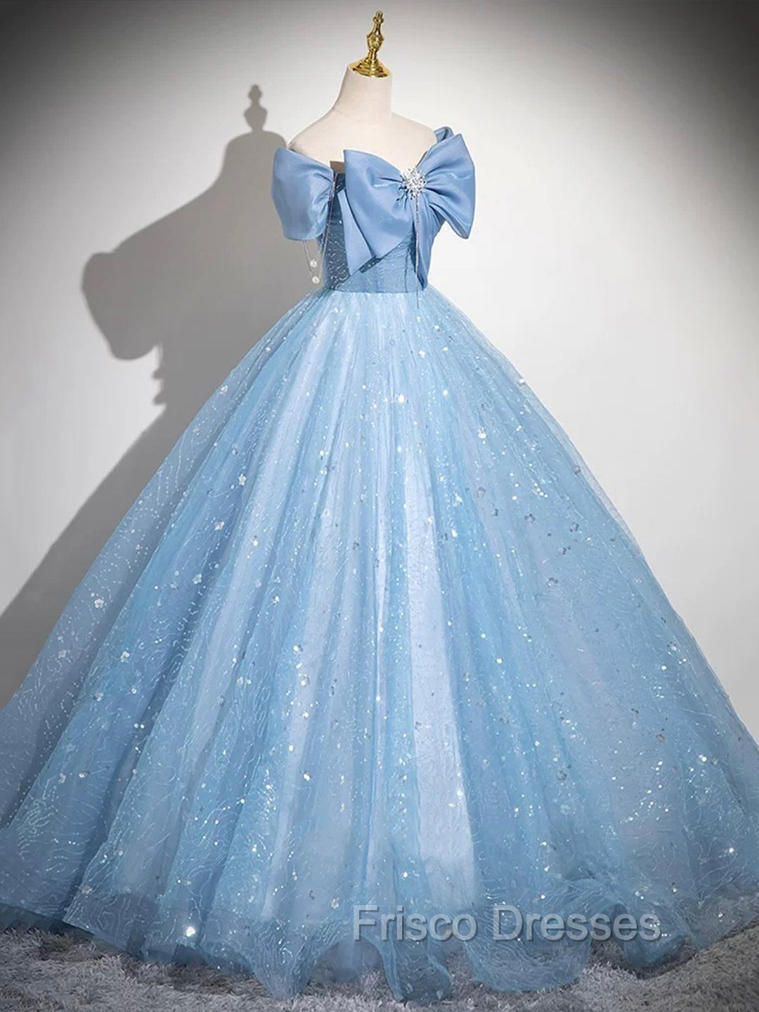 Light Blue Tulle Sequins Long Formal Prom Dress, A-Line Off Shoulder Evening Dress Secondary image