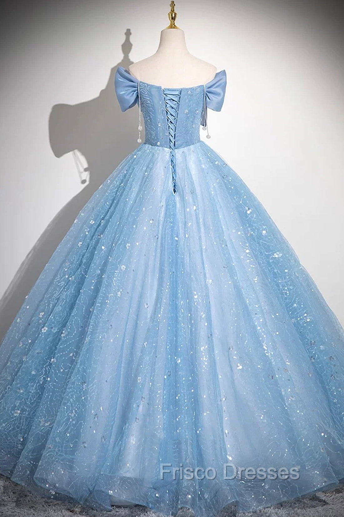 Light Blue Tulle Sequins Long Formal Prom Dress, A-Line Off Shoulder Evening Dress