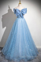 Light Blue Tulle Sequins Long Formal Prom Dress, A-Line Off Shoulder Evening Dress