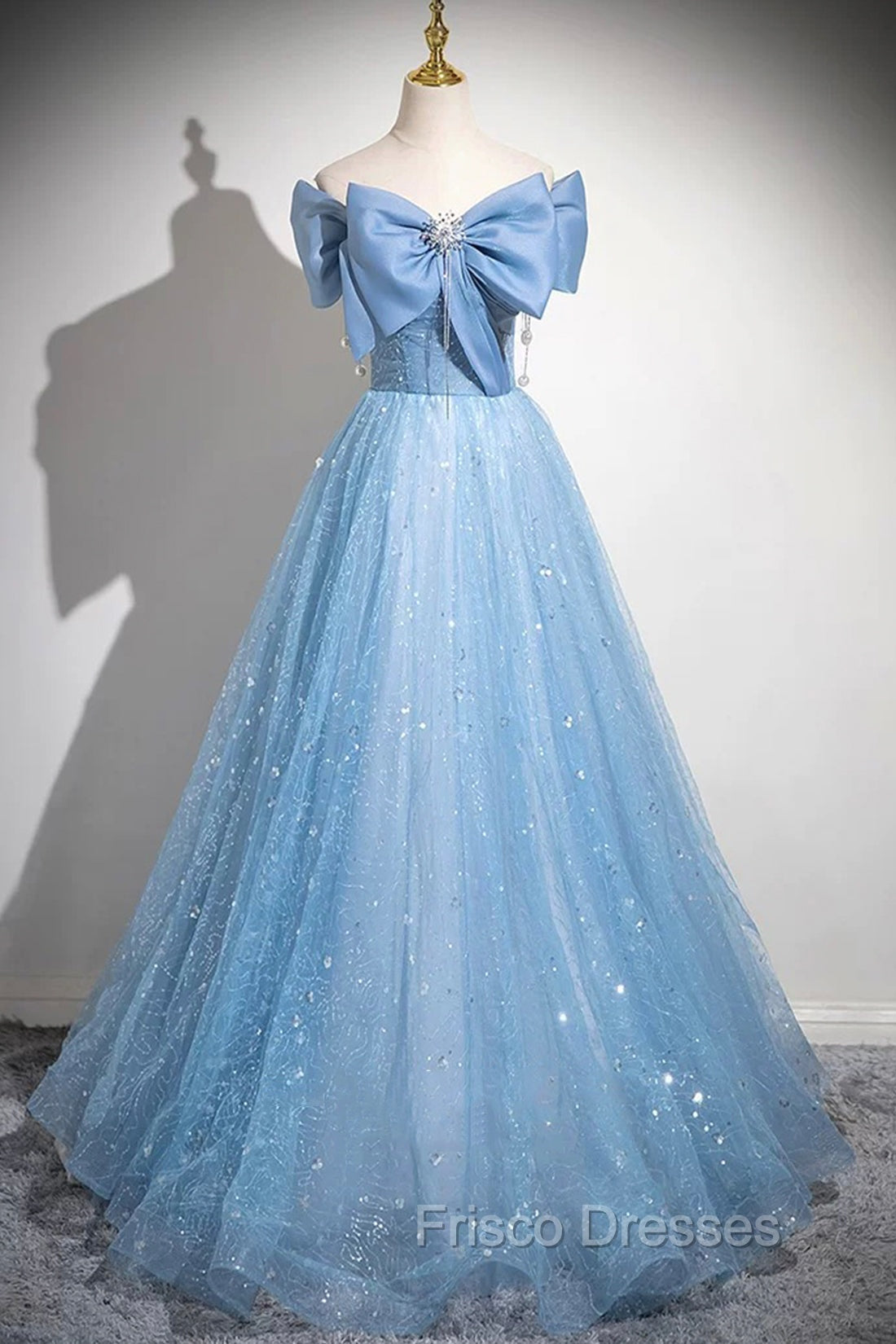 Light Blue Tulle Sequins Long Formal Prom Dress, A-Line Off Shoulder Evening Dress