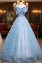 Light Blue Tulle Sequins Long Formal Prom Dress, A-Line Off Shoulder Evening Dress