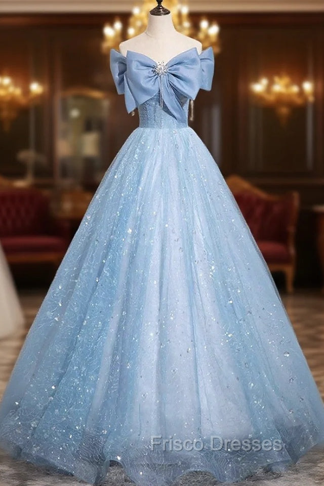 Light Blue Tulle Sequins Long Formal Prom Dress, A-Line Off Shoulder Evening Dress