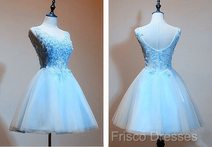 Light Blue Tulle Short Party Dress With Lace Applique, V-Neckline Homecoming Dress