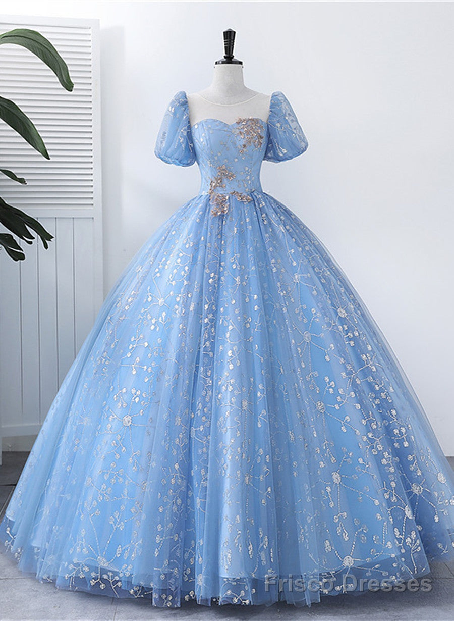 Light Blue Tulle Short Sleeves Long Formal Dress, Blue Sweet 16 Dress Secondary image