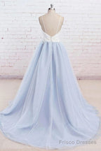 Light Blue Tulle Simple Spaghetti Straps Sweep Train Backless Prom Dress