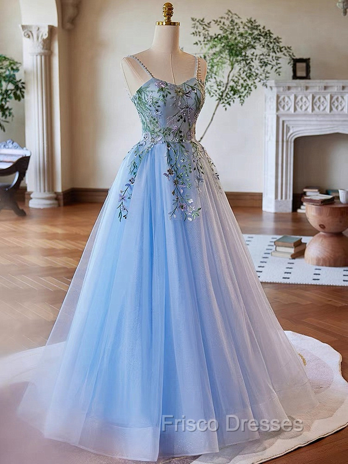 Light Blue Tulle Straps With Lace Applique Formal Prom Dress, Light Blue Party Dress Secondary image