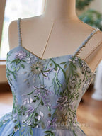 Light Blue Tulle Straps With Lace Applique Formal Prom Dress, Light Blue Party Dress