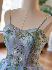 Light Blue Tulle Straps With Lace Applique Prom Dress, Light Blue Party Dress