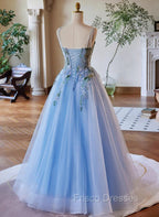 Light Blue Tulle Straps With Lace Applique Formal Prom Dress, Light Blue Party Dress