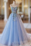 Light Blue Tulle Straps With Lace Applique Formal Prom Dress, Light Blue Party Dress