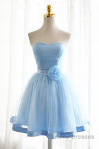 Light Blue Tulle Sweetheart With Bow Cute Party Dress, Blue Short Homecoming Dress Formal Prom Dress