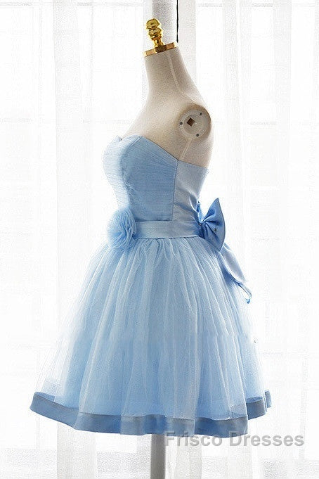 Light Blue Tulle Sweetheart With Bow Cute Party Dress, Blue Short Homecoming Dress Formal Prom Dress