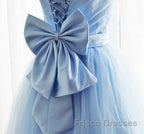Light Blue Tulle Sweetheart With Bow Cute Party Dress, Blue Short Homecoming Dress Formal Prom Dress