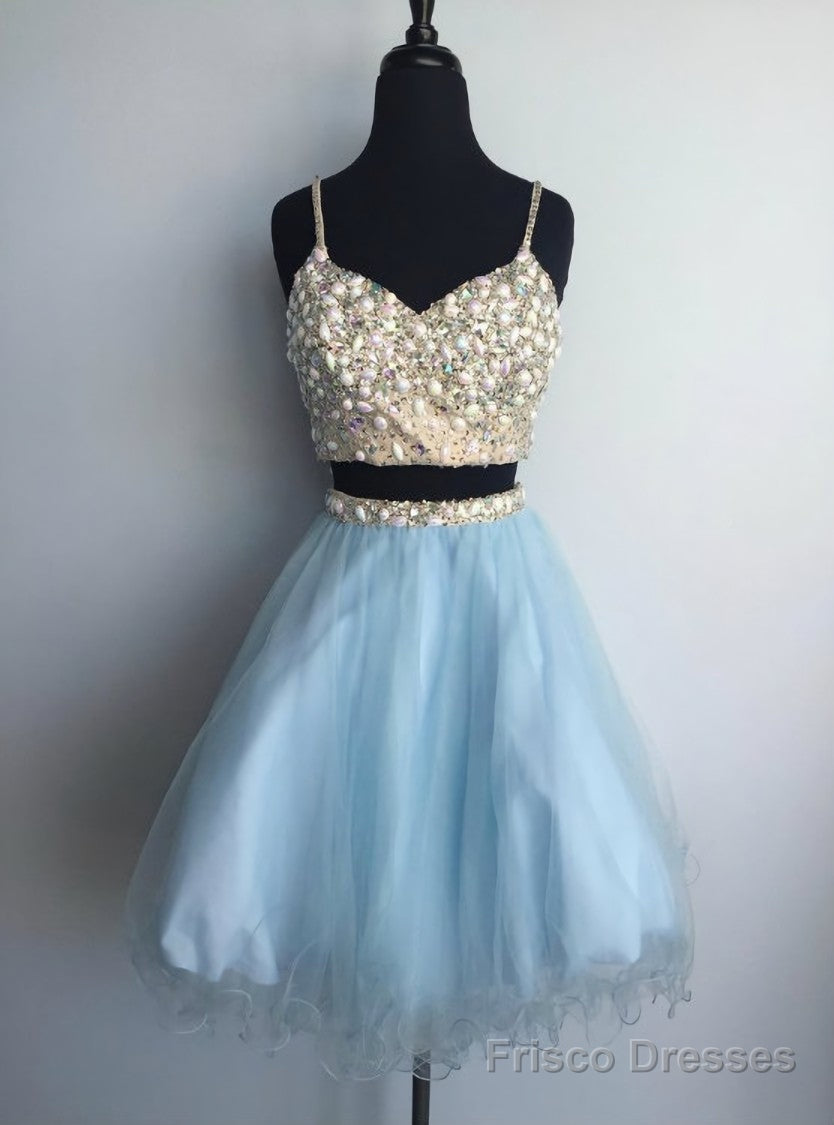Light blue tulle two pieces beaded short homecoming dress Main image