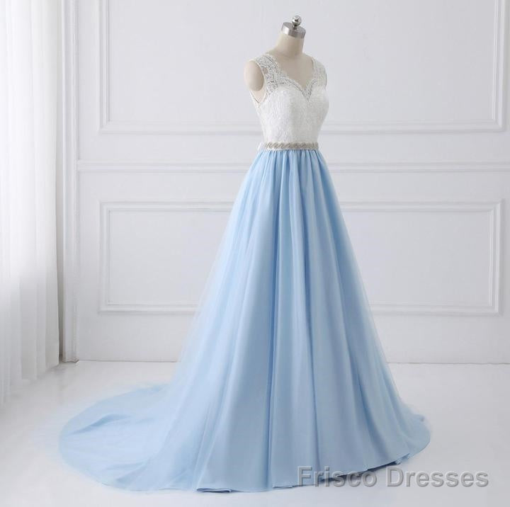 Light Blue Tulle V Back Long Party Dress with Bow, Blue Evening Dress Wedding Party Dress Main image