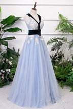 Light Blue Tulle With Flowers Lace Long Formal Dress Formal Prom Dress, A-Line Party Dress