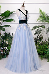 Light Blue Tulle With Flowers Lace Long Evening Dress Prom Dress, A-Line Party Dresses