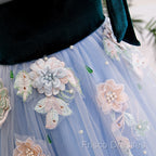 Light Blue Tulle With Flowers Lace Long Formal Dress Formal Prom Dress, A-Line Party Dress