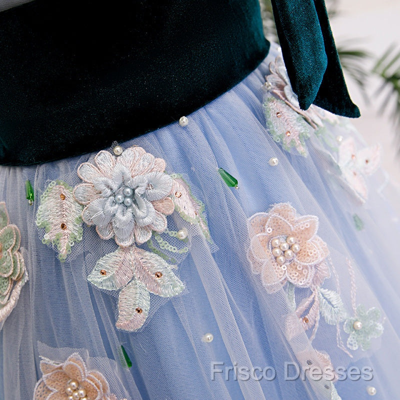 Light Blue Tulle With Flowers Lace Long Formal Dress Formal Prom Dress, A-Line Party Dress
