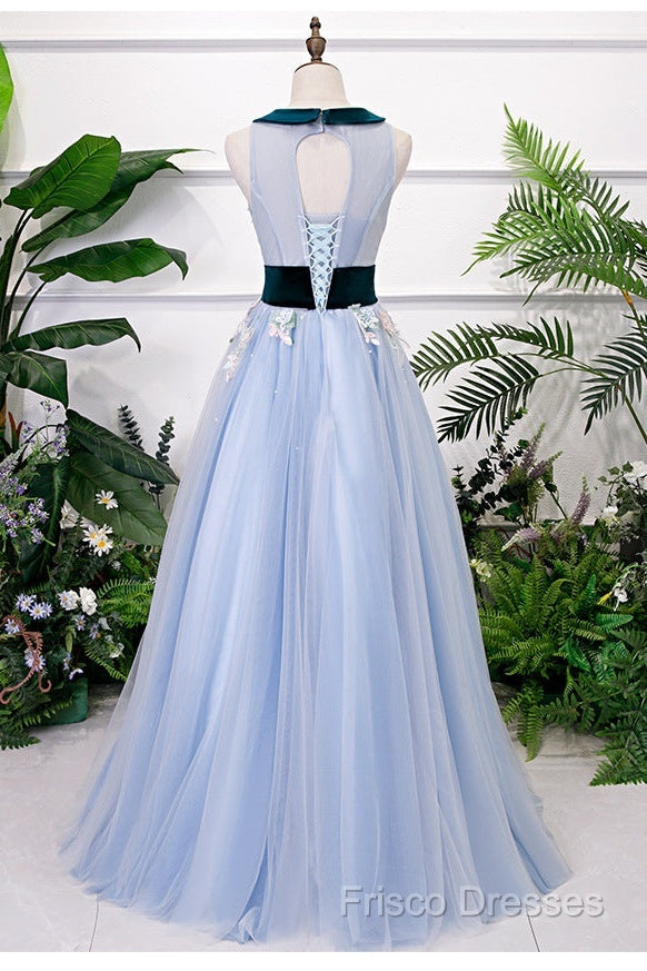 Light Blue Tulle With Flowers Lace Long Formal Dress Formal Prom Dress, A-Line Party Dress