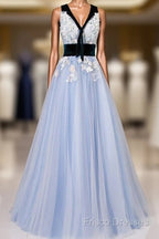 Light Blue Tulle With Flowers Lace Long Formal Dress Formal Prom Dress, A-Line Party Dress