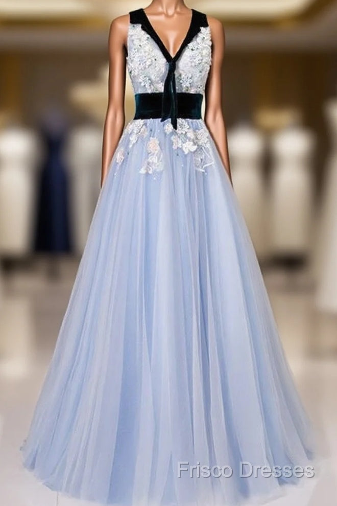 Light Blue Tulle With Flowers Lace Long Formal Dress Formal Prom Dress, A-Line Party Dress
