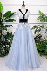 Light Blue Tulle With Flowers Lace Long Evening Dress Prom Dress, A-Line Party Dresses
