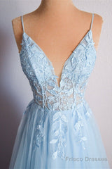 Light Blue V Neck Lace-Up Appliques Tulle Long Prom Dress