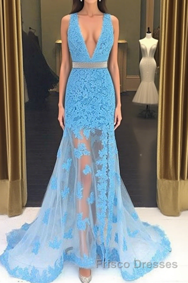 Light Blue V Neck Mermaid Lace Applique Long Formal Prom Dresses, Lace Blue Formal Dresses, Evening Dresses
