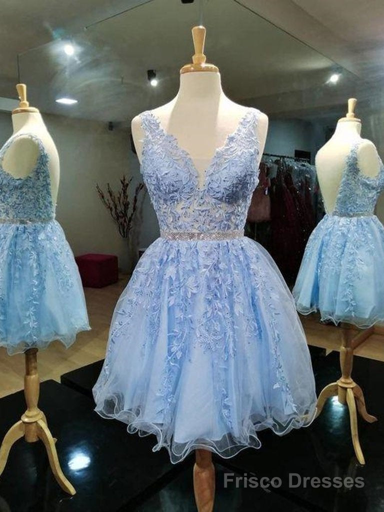 Light Blue V-neckline Knee Length Short Party Dress, Blue Homecoming Dresses