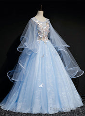 Light Blue with Flowers and Butterflies Formal Dress, Blue Sweet 16 Dresses