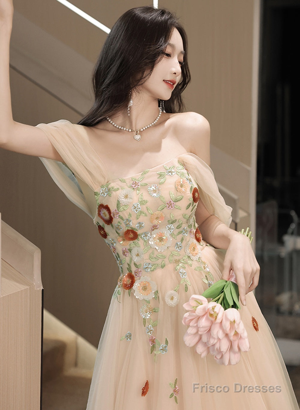 Light Champagne A-Line Off Shoulder Party Dress, Tulle With Lace Applique Prom Dress