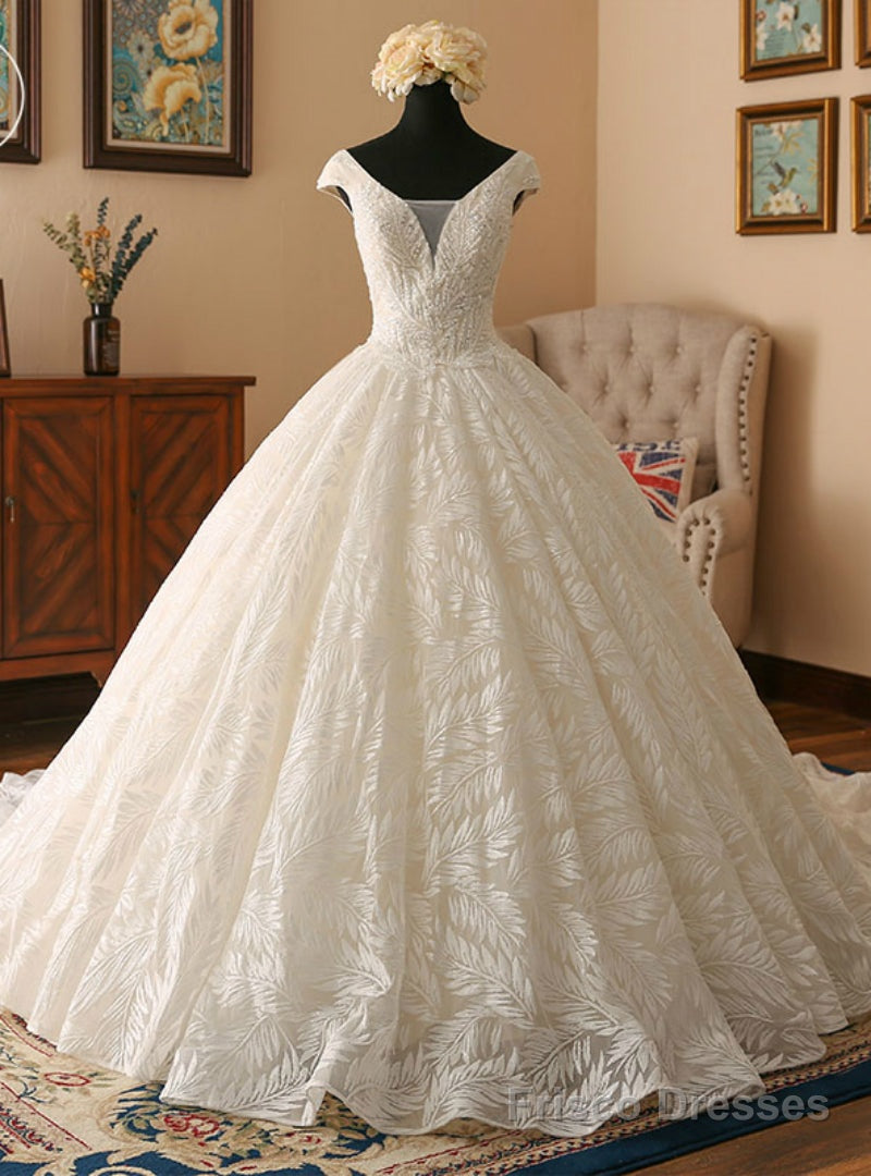 Light Champagne Ball Gown V-neck Backless Lace Wedding Dress Main image