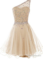 Light Champagne Beaded One Shoulder Chic Homecoming Dresses, Short Party Dress Prom Dresses