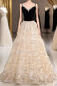 Light Champagne Beaded V-Neckline Party Dress, Cute Straps Long Formal Prom Dress