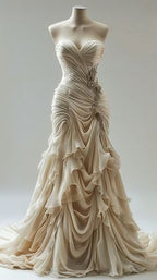 Light Champagne Chiffon Ruffle Prom Dresses With Applique Beads,