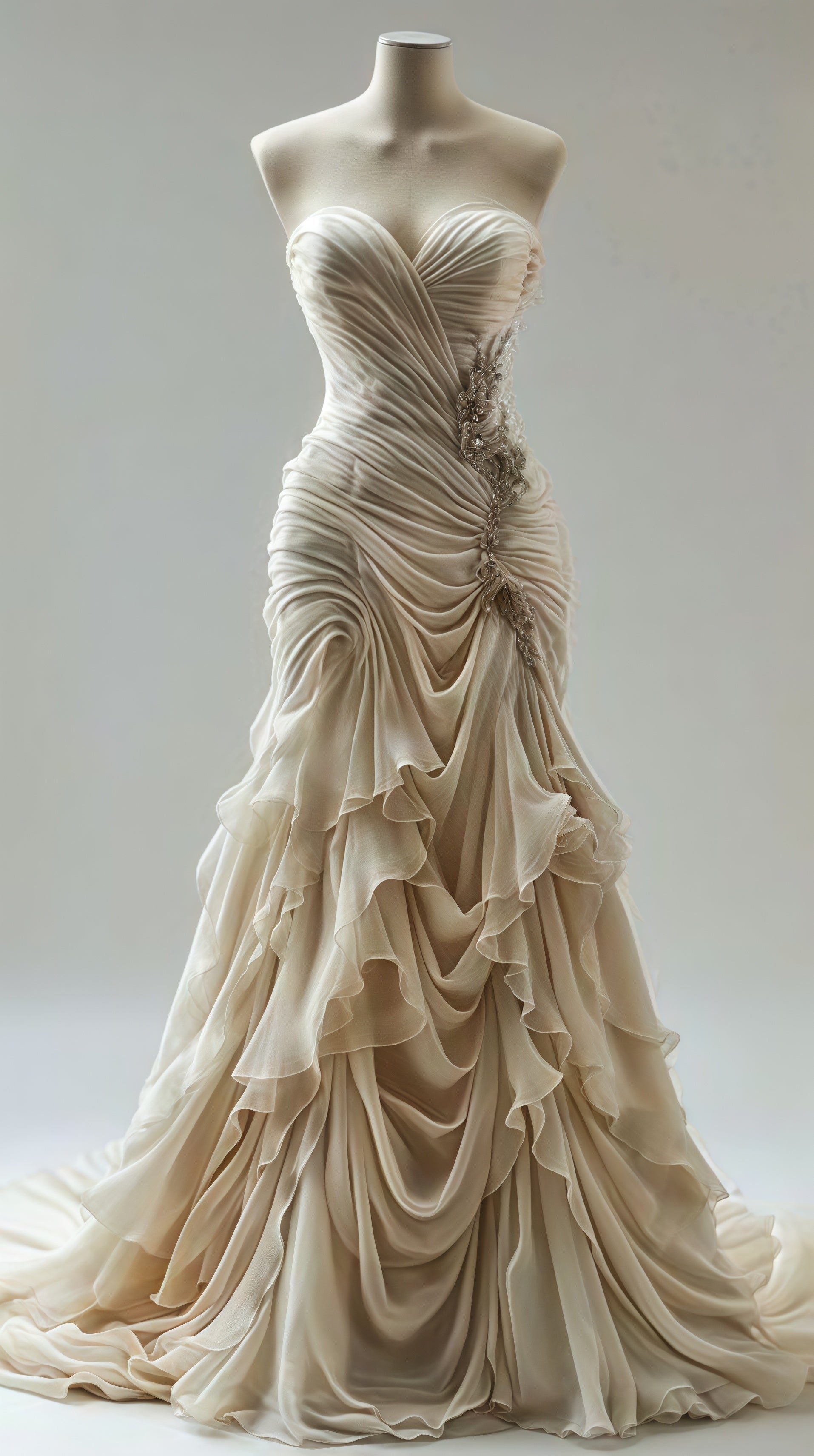 Light Champagne Chiffon Ruffle Prom Dresses With Applique Beads,