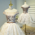 Light Champagne Lace and Satin Off Shoulder Party Dress Homecoming Dress, Short Prom Dress