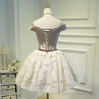 Light Champagne Lace and Satin Off Shoulder Party Dress Homecoming Dress, Short Prom Dress