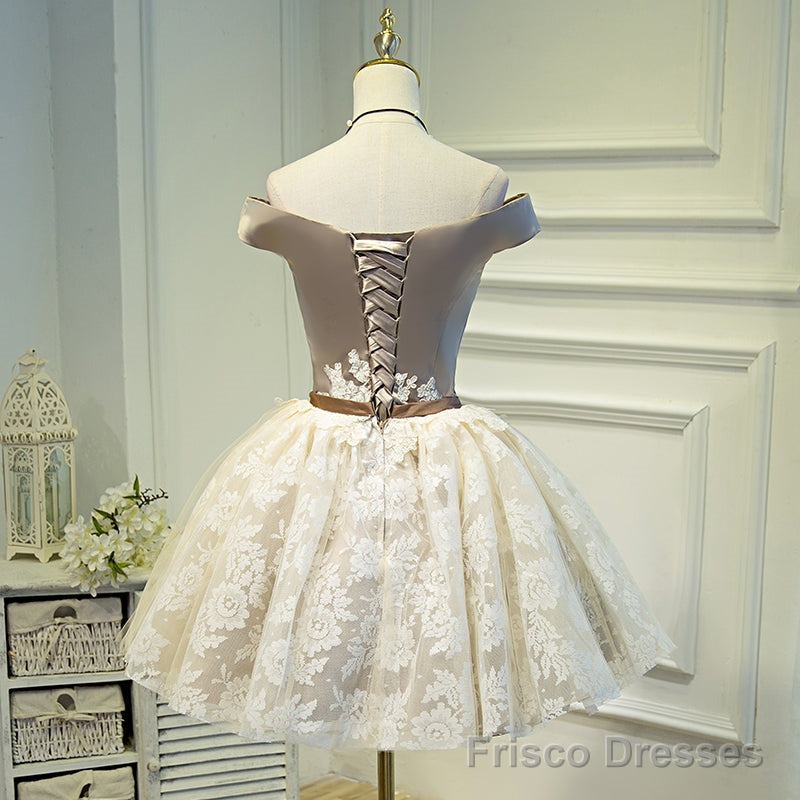 Light Champagne Lace and Satin Off Shoulder Party Dress Homecoming Dress, Short Prom Dress