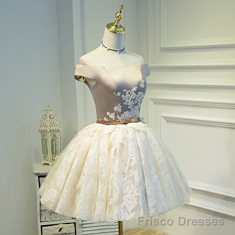 Light Champagne Lace and Satin Off Shoulder Party Dress Homecoming Dress, Short Prom Dress