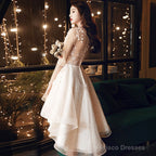 Light Champagne Lace Applique Short Sleeves High Low Party Dress, Short Homecoming Dresses