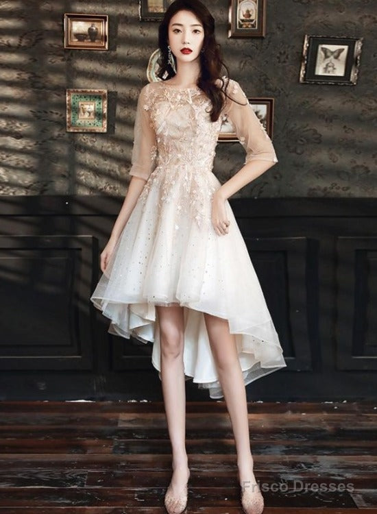 Light Champagne Lace Applique Short Sleeves High Low Party Dress, Short Homecoming Dresses Main image