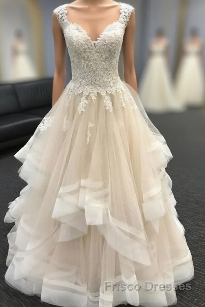 Light champagne lace tulle long wedding Dresses, lace evening Dresses Main image