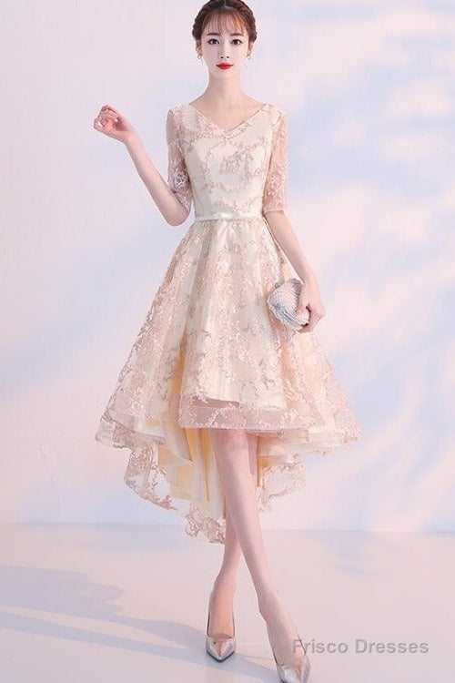 Light Champagne Lovely Lace High Low Homecoming Dress, New Short Prom Dress Main image