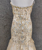 Light Champagne Mermaid Sweetheart Neck Beaded Tulle Long Ball Dress Vintage Evening Dress