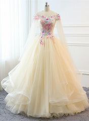 Light Champagne Off Shoulder Tulle With Flowers Formal Gown, Long Sweet 16 Dress